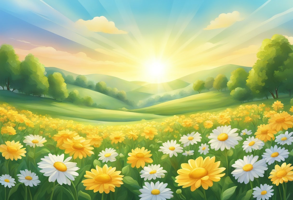 A radiant sun shining down on a field of blooming flowers, with a gentle breeze carrying the scent of fresh blossoms