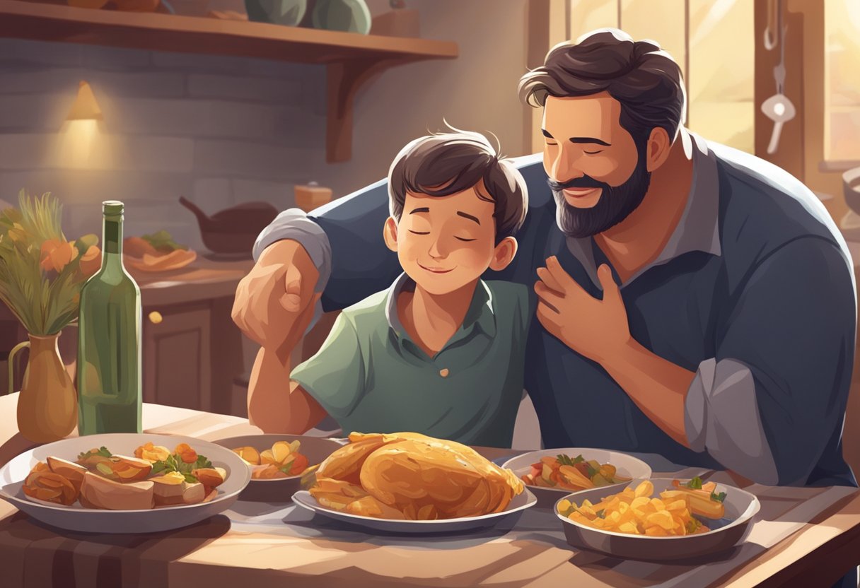 A father embraces a weary, repentant son while a joyful feast is prepared in the background