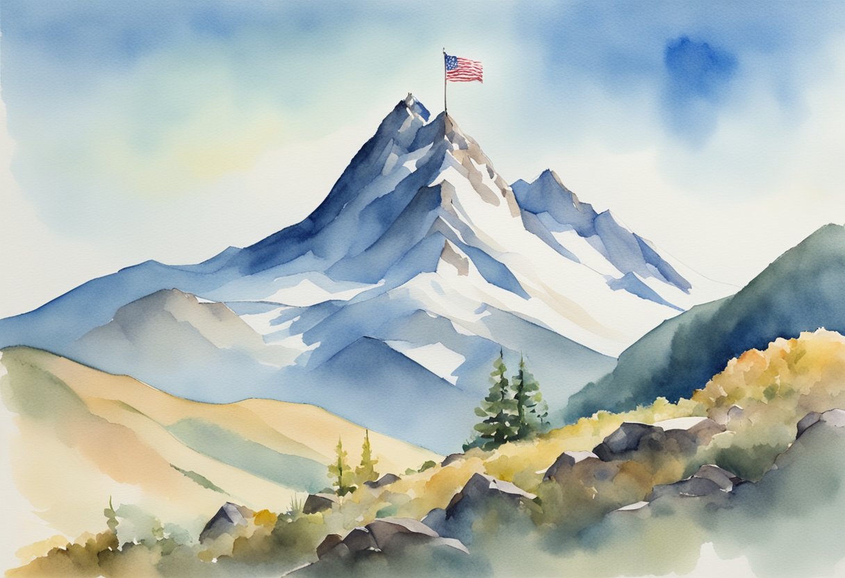 A mountain peak with a flag planted at the top, surrounded by a rugged landscape and a clear blue sky