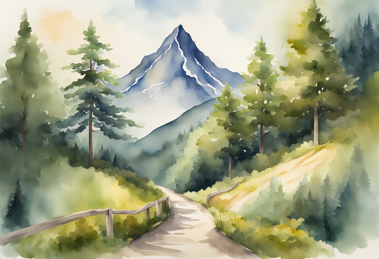 A mountain peak towering above a forest, with a winding path leading to the top, symbolizing the journey and determination of achievement orientation