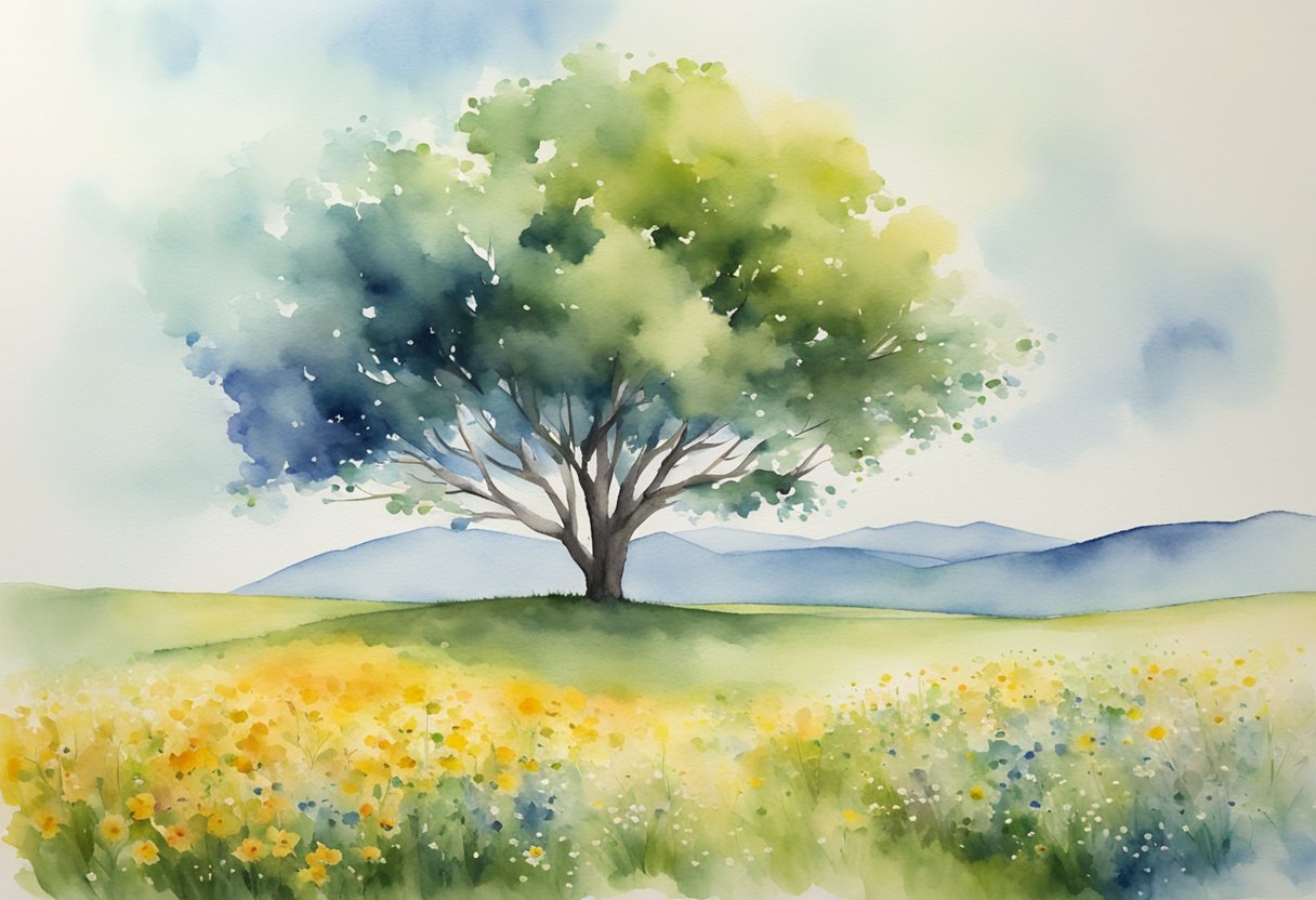 A lone tree standing tall amidst a field of wildflowers, reaching towards the sky, symbolizing personal and professional growth achievement orientation