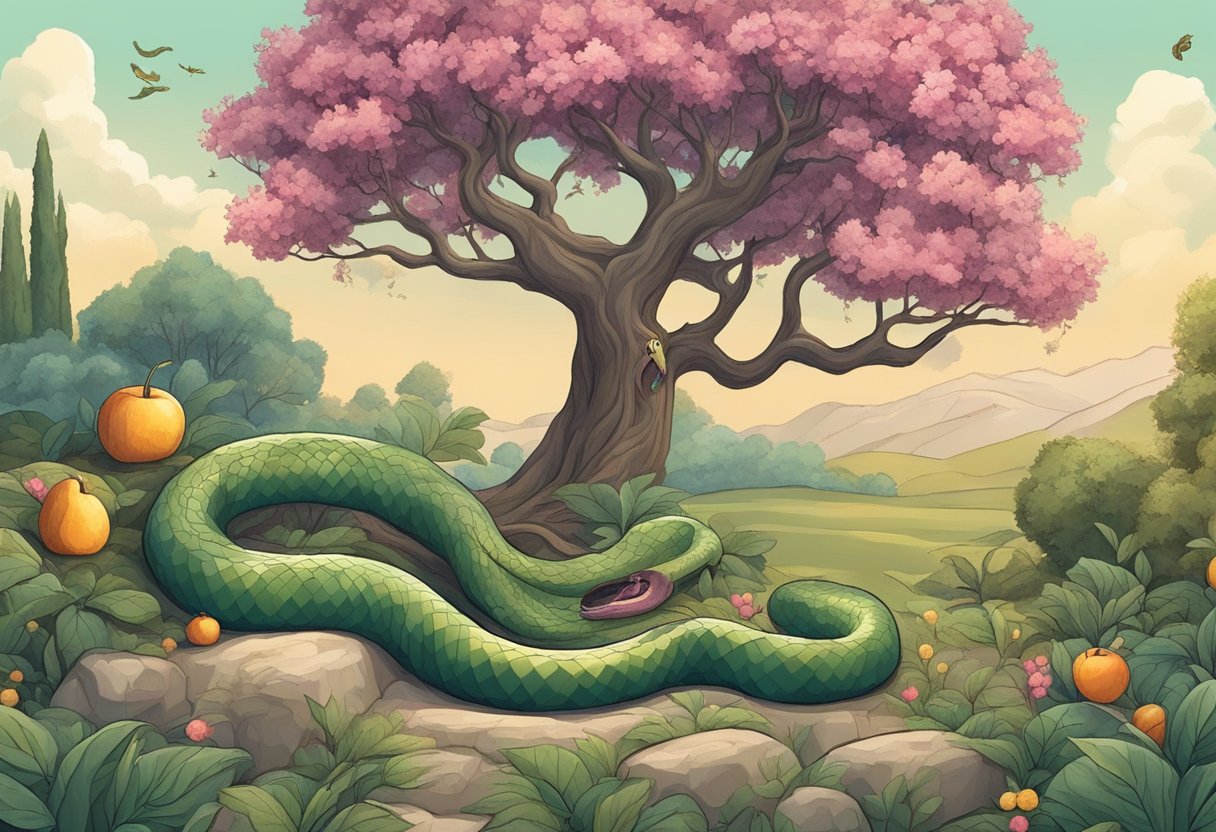 A serene garden with a forbidden fruit tree and a snake slithering nearby