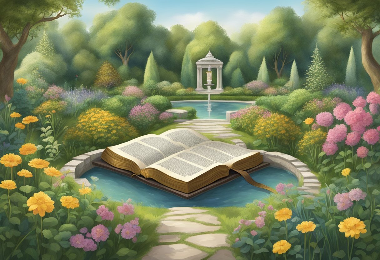 A serene garden with a prominent Bible open to a passage on fornication, surrounded by worldly temptations