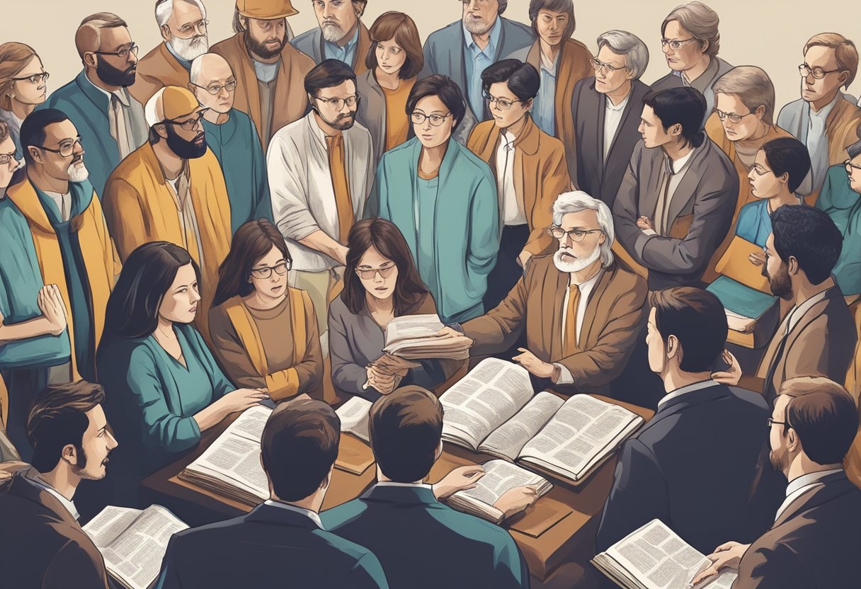 A group of people gathered in discussion, surrounded by open Bibles, expressing concern and accountability regarding the topic of fornication