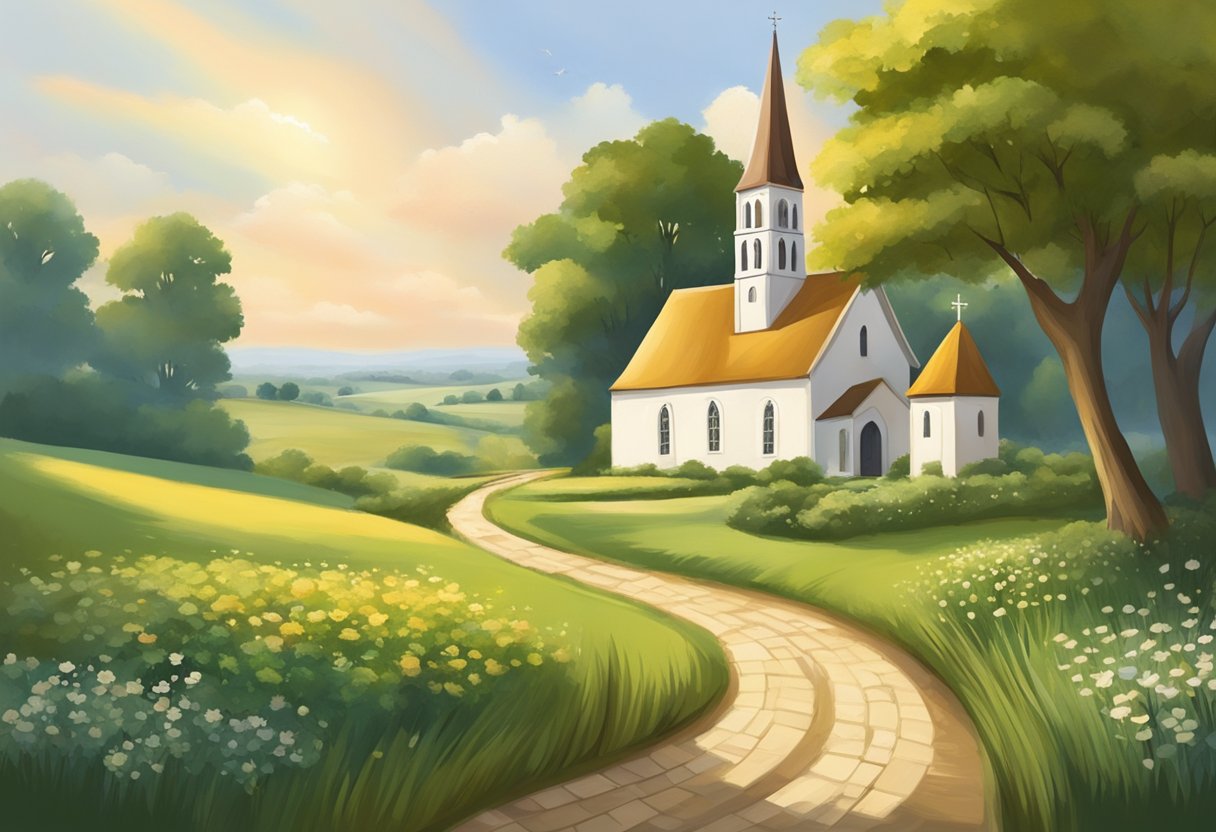 A serene countryside with a winding path leading to a humble church, surrounded by fields and trees, symbolizing the central role of faith in Christian living