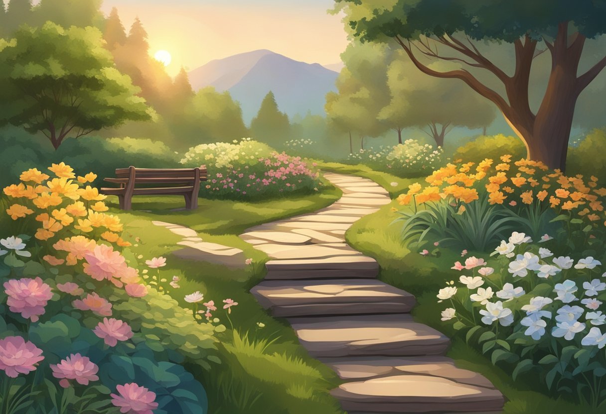 A serene garden with a winding path leading to a rustic wooden bench, surrounded by blooming flowers and lush greenery. A gentle stream flows nearby, reflecting the golden light of the setting sun