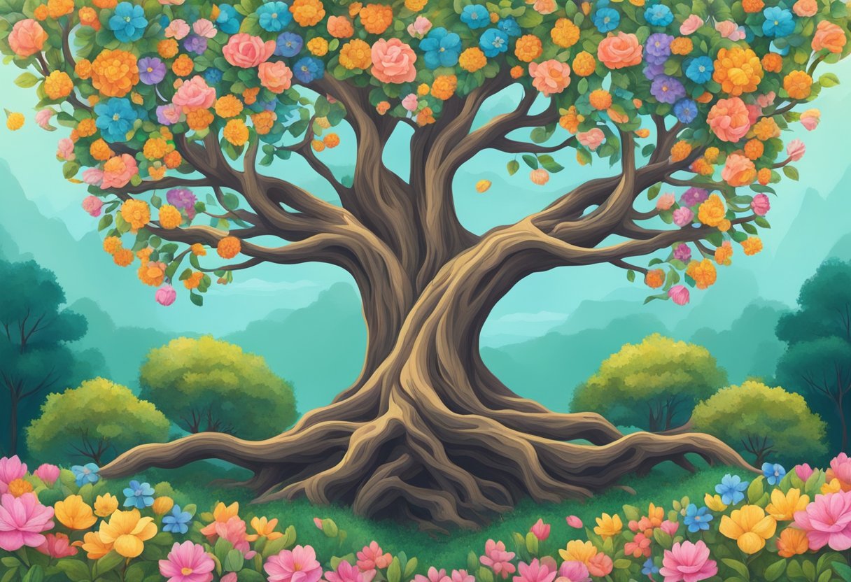 A tree with intertwined branches symbolizing faith, hope, and love, with vibrant flowers blooming at the base