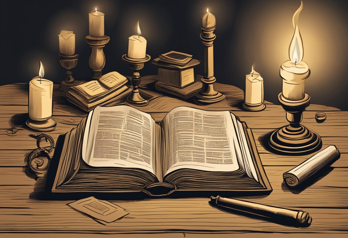 A rustic table with an open Bible, surrounded by scrolls and historical documents. The scene is illuminated by warm candlelight, evoking a sense of historical and theological depth