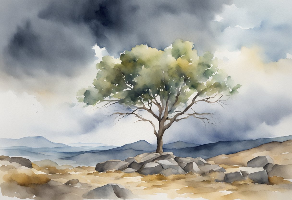 A lone tree standing tall amidst a rocky, barren landscape, with storm clouds gathering overhead