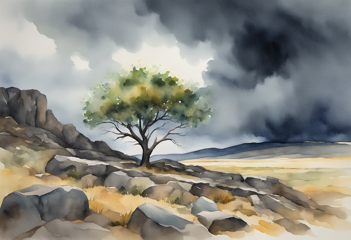 A lone tree standing tall amidst a rocky, barren landscape, with dark storm clouds looming overhead, symbolizing the nature of struggle