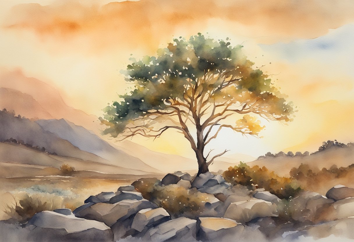 A lone tree stands tall amidst a rocky, barren landscape, its branches reaching out defiantly towards the sky. The sun sets in the distance, casting a warm glow over the scene