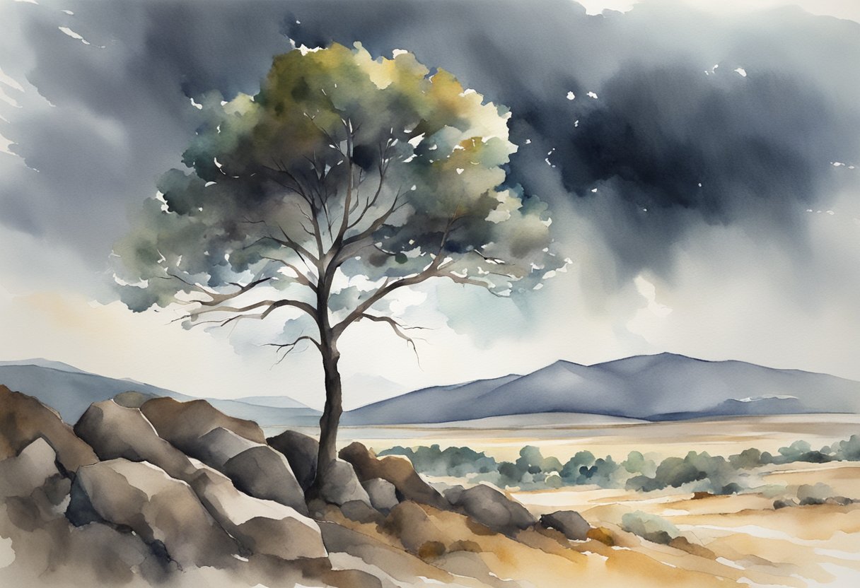 A lone tree stands tall amidst a rocky, barren landscape. Dark storm clouds loom overhead, but a single ray of sunlight breaks through, illuminating the tree