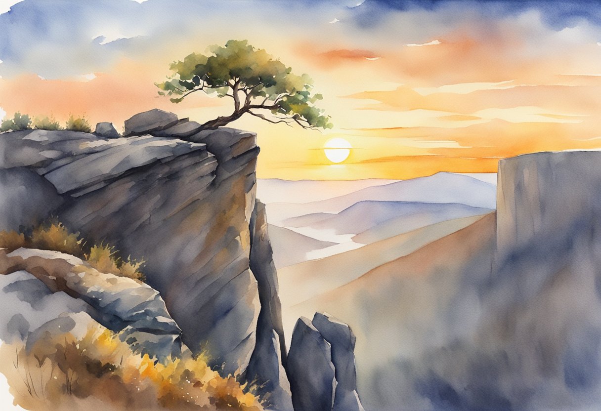 A lone tree stands tall on a rocky cliff, its branches reaching out towards the horizon. The sun sets in the distance, casting a warm glow over the rugged landscape