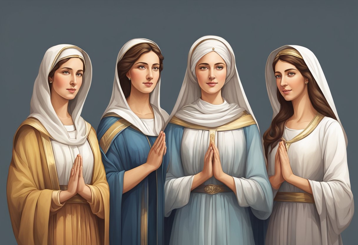 Three modern women, each embodying a different virtue, stand together in unity, representing the timeless roles and virtues of the three Marys from the Bible