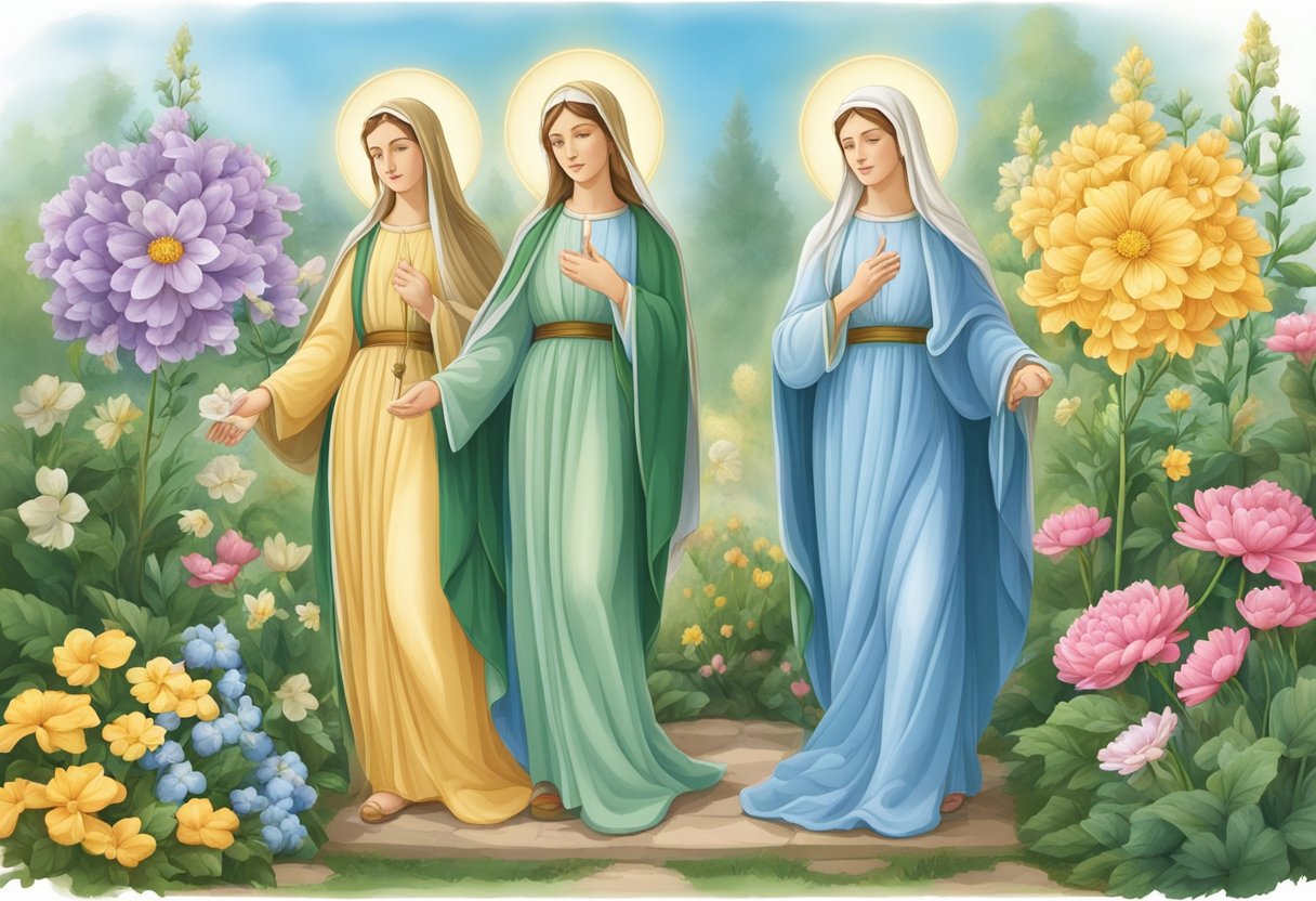 Three symbolic flowers blooming in a garden, each representing the virtues of the three Marys from the Bible