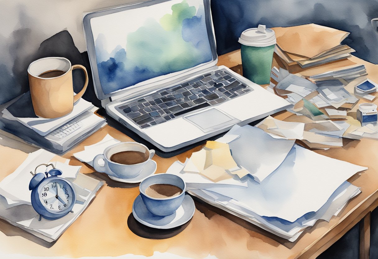 A cluttered desk with a computer, coffee cup, and scattered papers. A clock shows late night hours. Bags under the eyes suggest exhaustion