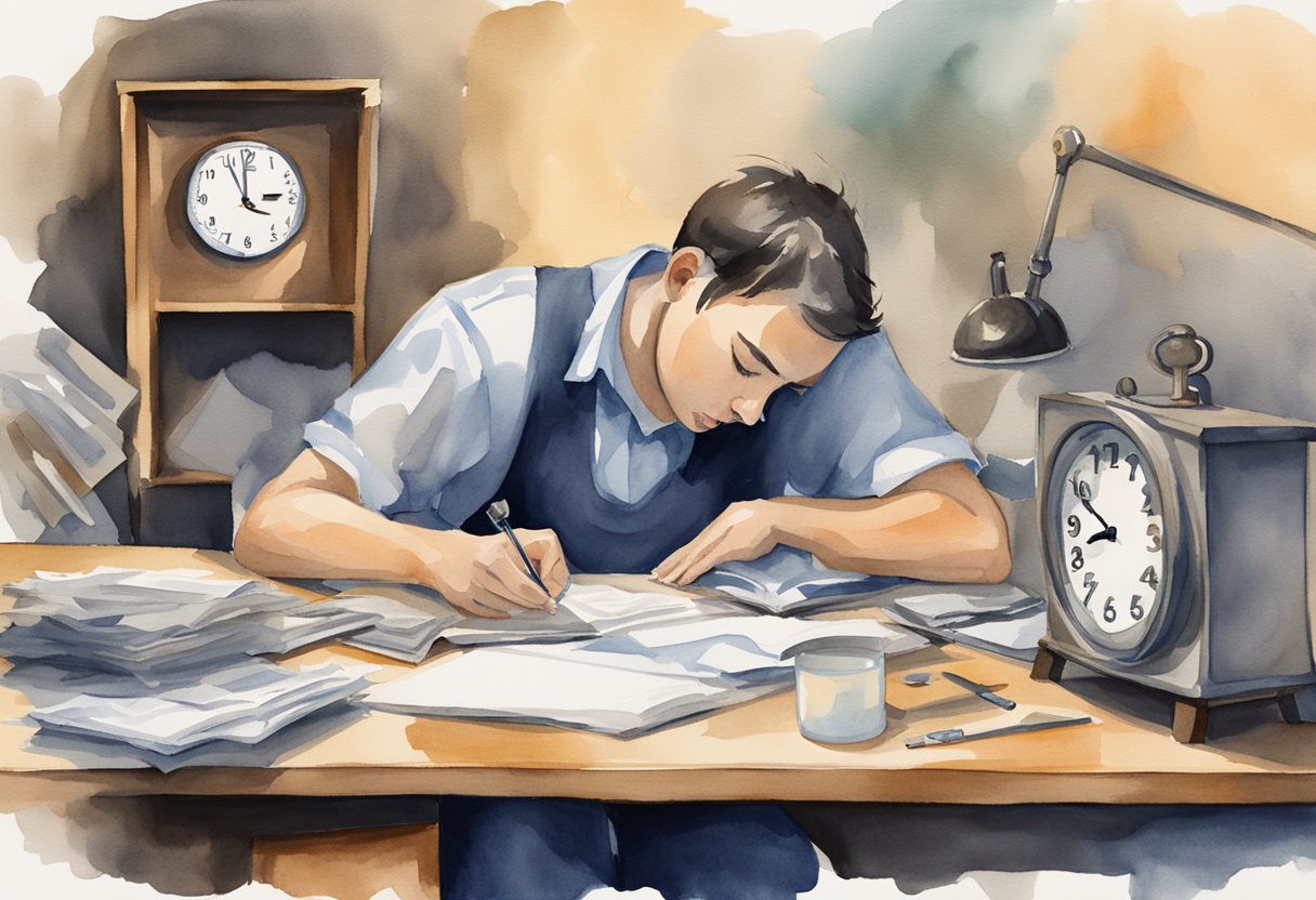 An exhausted worker struggles to stay awake at their desk, surrounded by unfinished tasks and a clock showing late hours