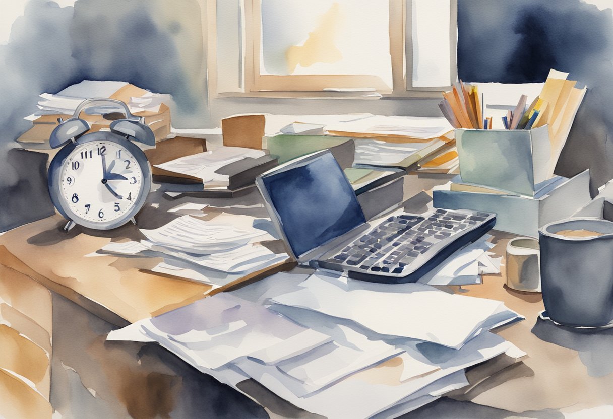 An office desk with a computer, scattered papers, and a clock showing late hours. A person slumped over the desk, looking exhausted