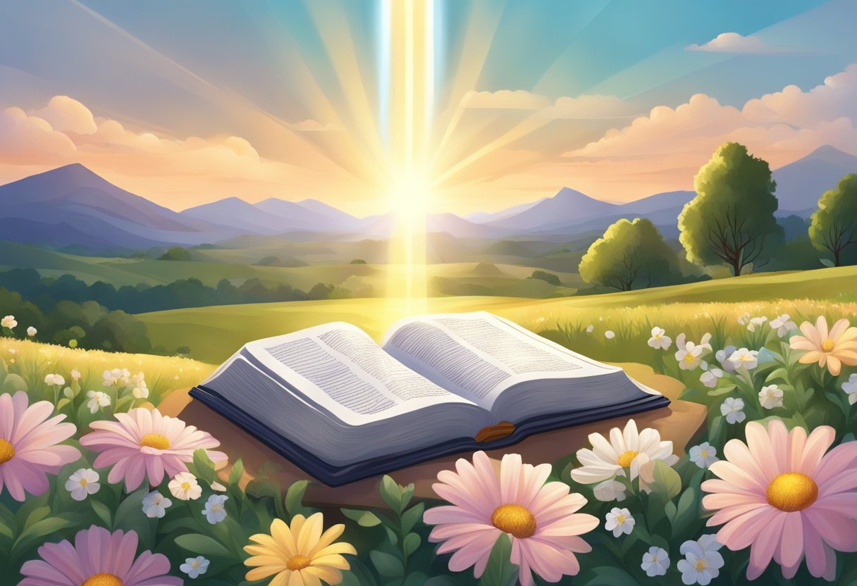 A beam of light shining down on an open Bible, surrounded by blooming flowers and a peaceful landscape