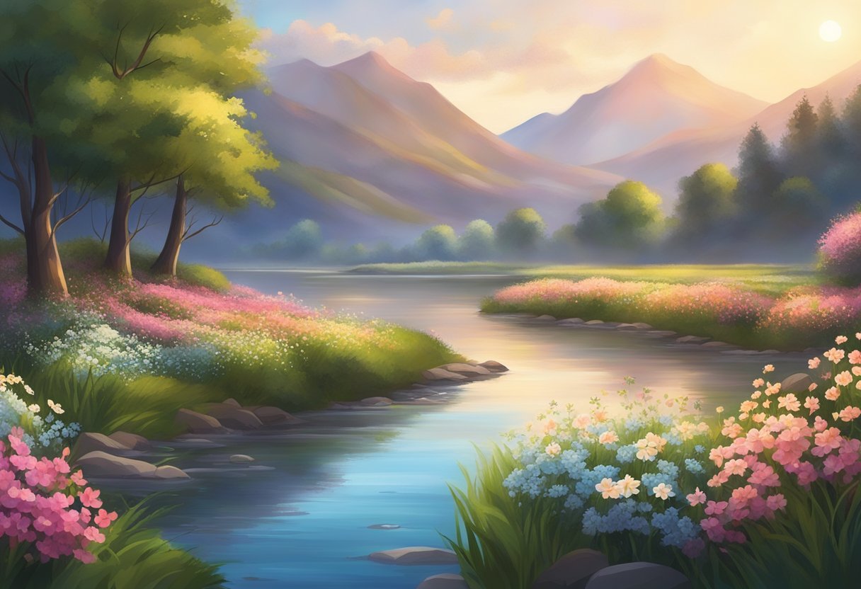 A serene landscape with a glowing sunrise and a tranquil river, surrounded by blooming flowers and lush greenery