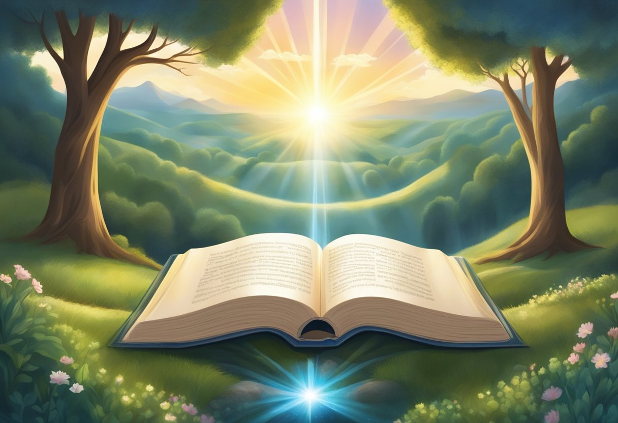 A serene landscape with an open book surrounded by rays of light, symbolizing spiritual growth and personal transformation through biblical verses