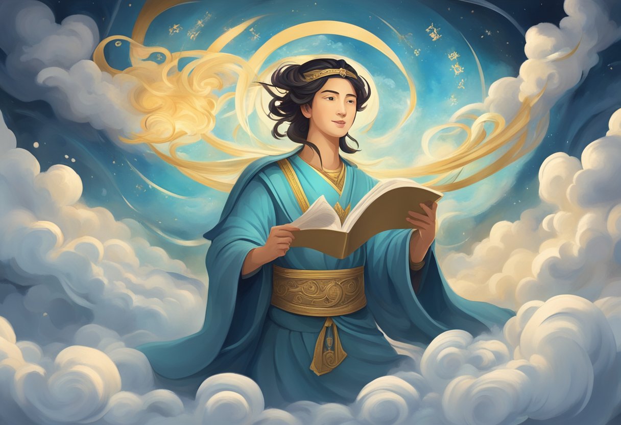 A radiant figure surrounded by swirling clouds, holding a scroll with ancient writings