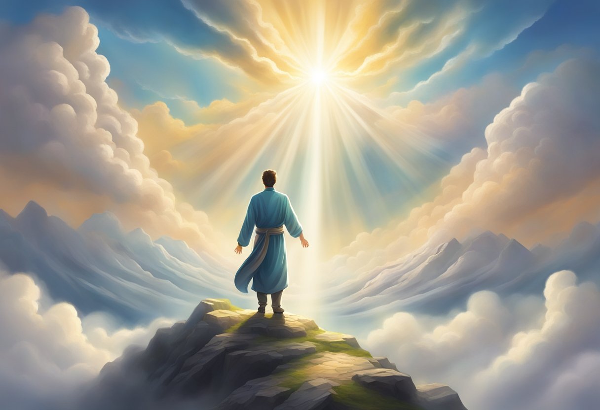 A figure standing on a mountain, surrounded by swirling clouds, with rays of light breaking through the sky, conveying a sense of divine revelation and spiritual enlightenment