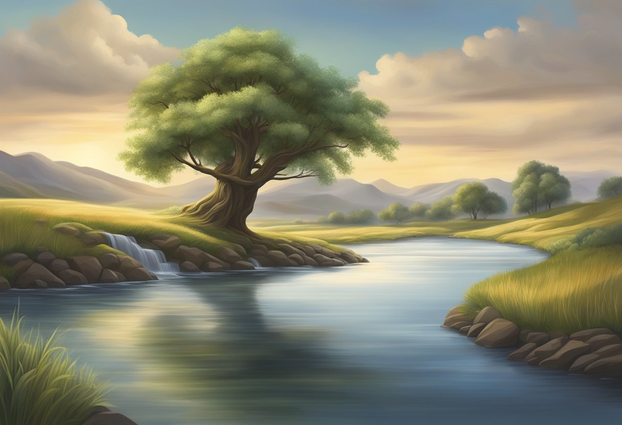 A serene landscape with a flowing river and a lone tree, symbolizing the deepening of faith through the teachings of the prophet Ezekiel