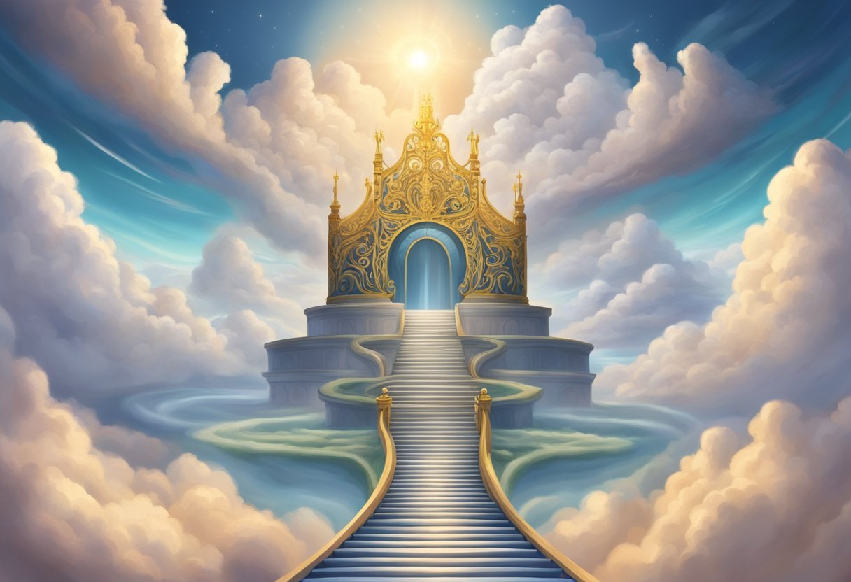 A majestic throne surrounded by swirling clouds, symbolizing divine sovereignty, while a winding path leads to a distant horizon, representing human responsibility