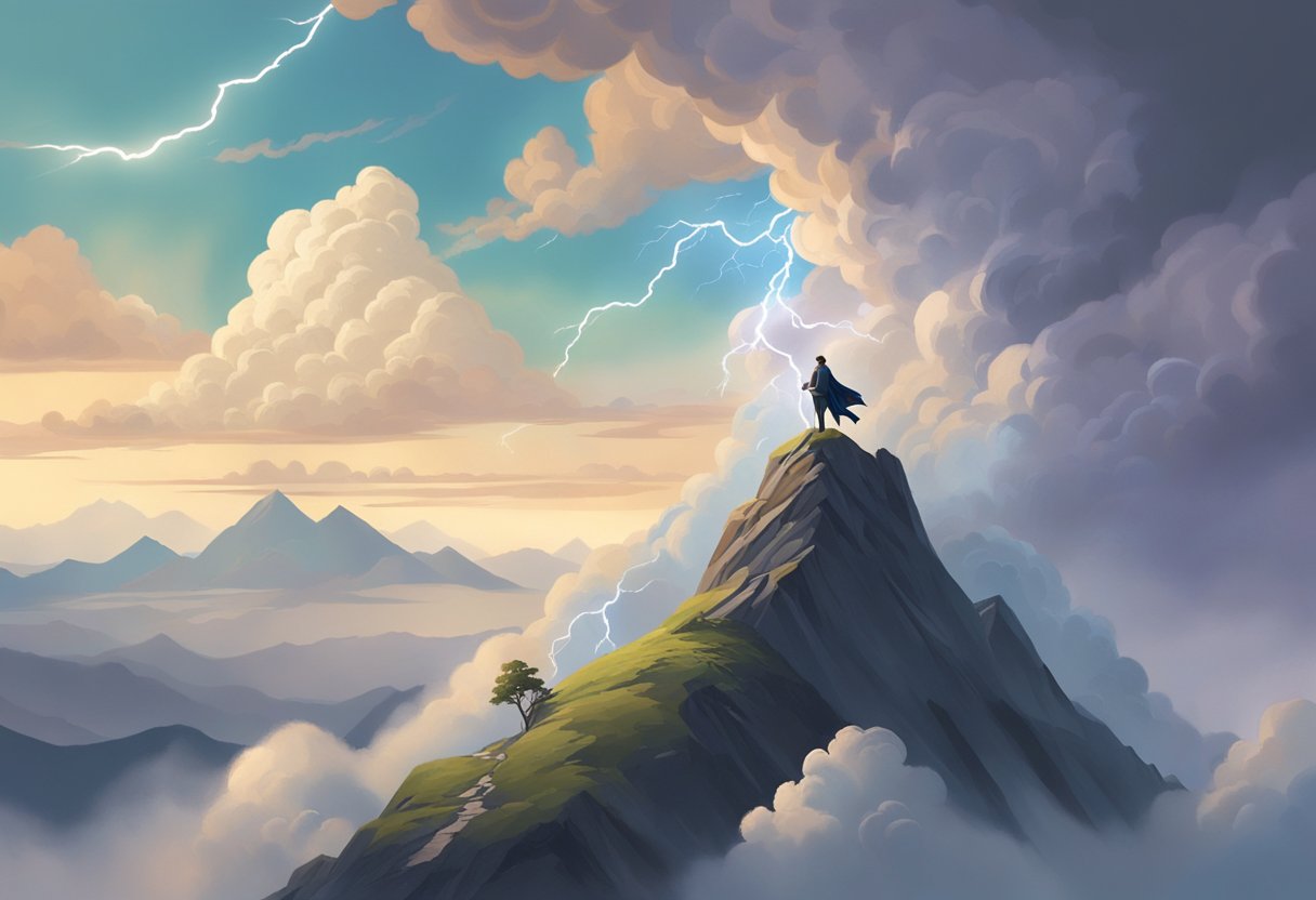 A figure standing on a mountaintop, surrounded by swirling clouds and lightning, with a scroll unfurling in the wind