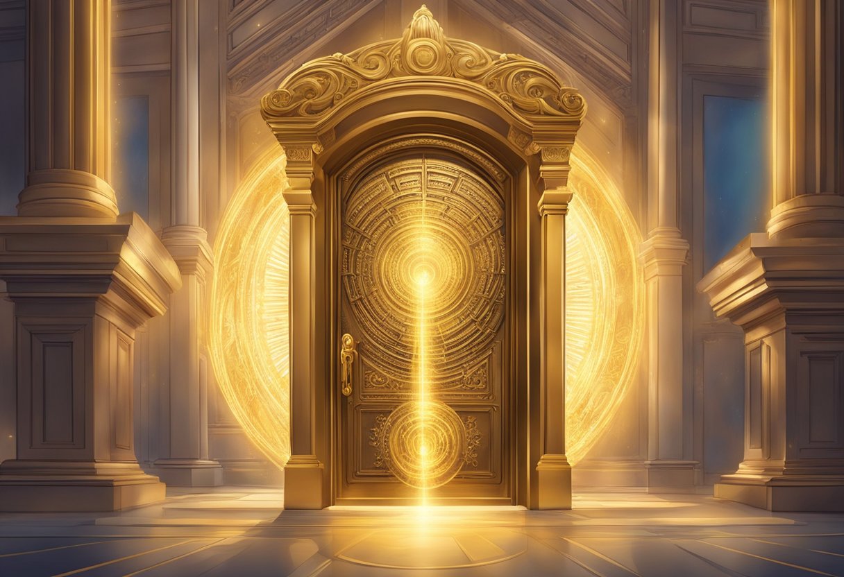 A majestic door stands ajar, radiating golden light. Above it, a swirling vortex of ancient words hovers, emanating power and wisdom