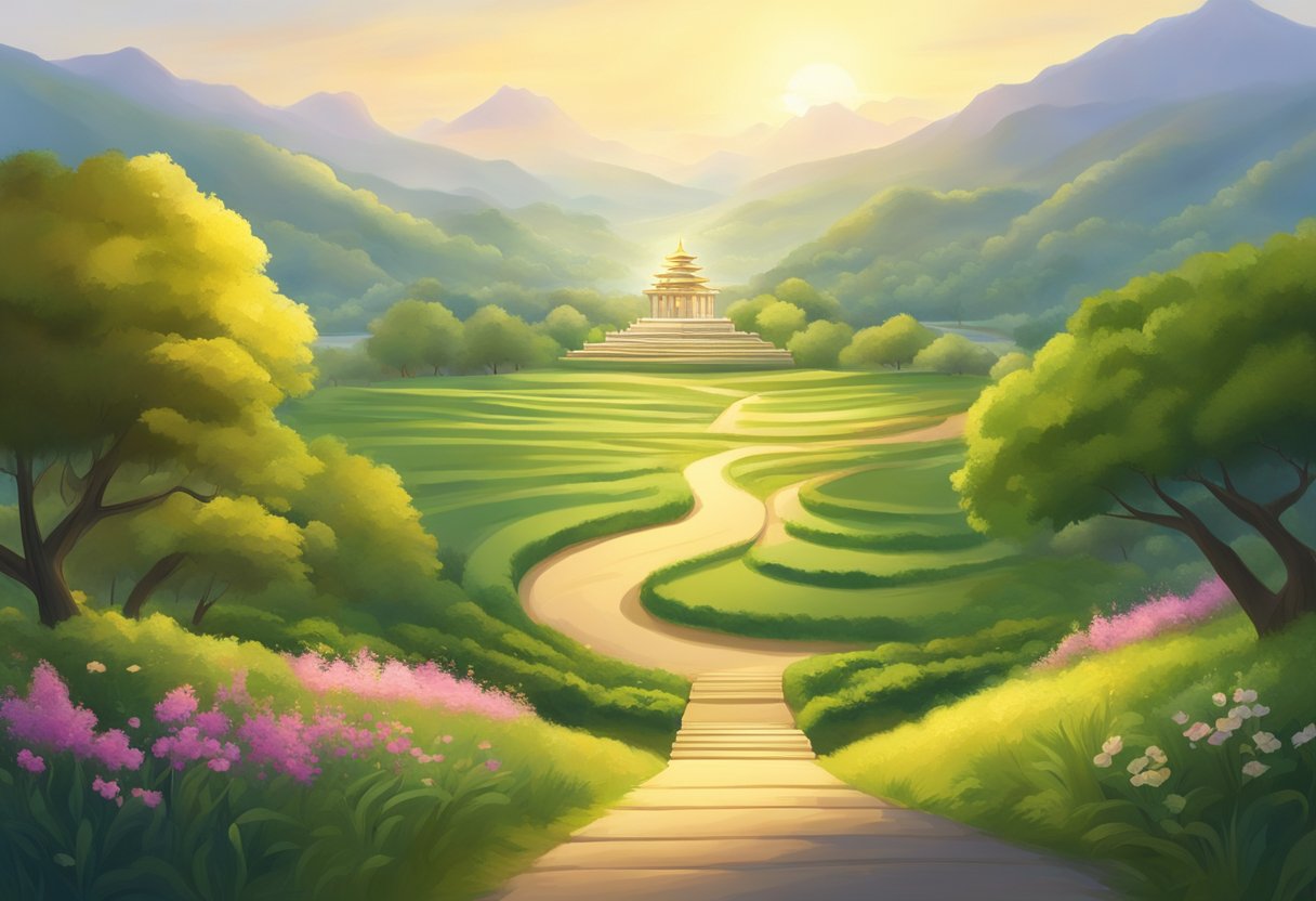 A serene landscape with a winding path leading to a distant temple, surrounded by lush greenery and bathed in warm, golden light