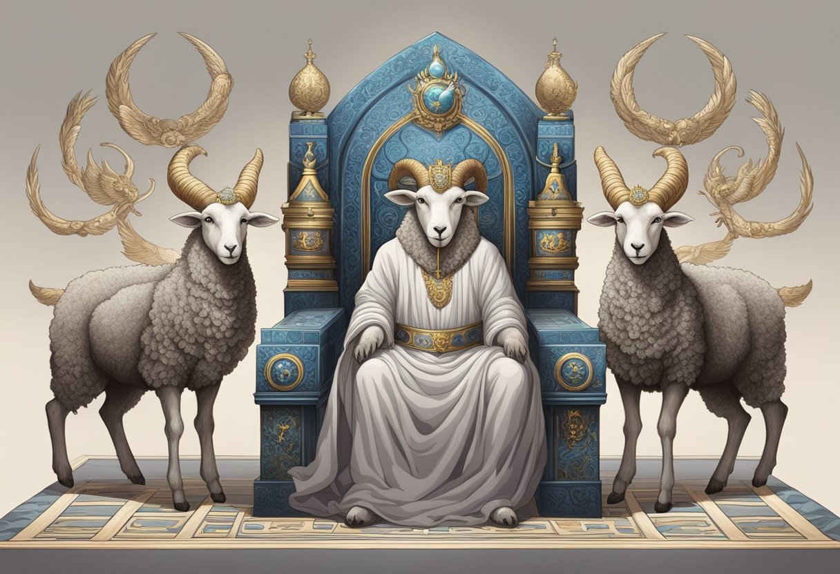 A lamb with seven horns and seven eyes stands before a throne, holding a scroll with seven seals. Four living creatures surround the throne, covered in eyes and wings