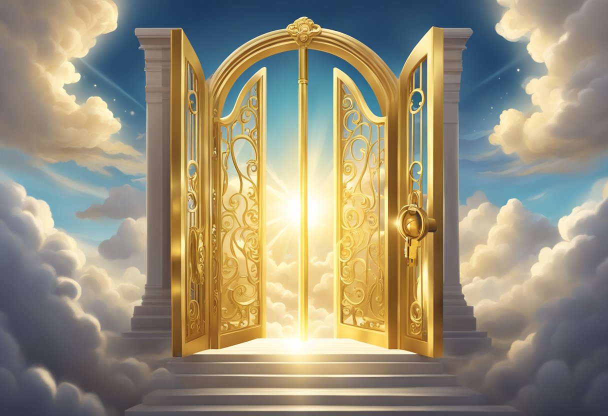 A golden key unlocking a radiant gate, surrounded by swirling clouds and heavenly light