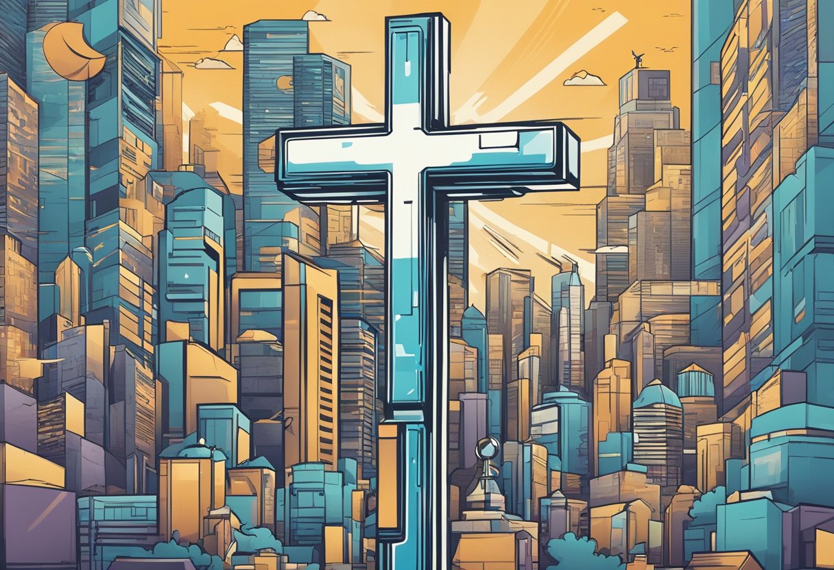 A cross stands tall in a modern city, surrounded by symbols of technology. It is a juxtaposition of ancient faith and contemporary skepticism