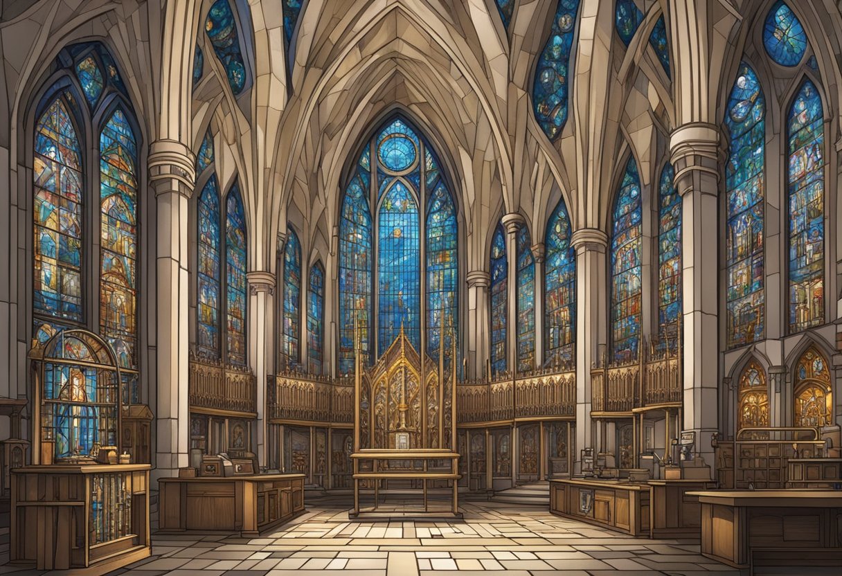 A medieval cathedral with stained glass windows depicting biblical scenes, juxtaposed with a modern laboratory filled with scientific equipment and technology