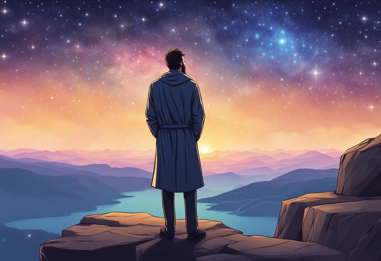 A modern philosopher stands on a cliff, gazing at a vast, starry sky, contemplating the theological concepts from Christianity that challenge modern thinkers