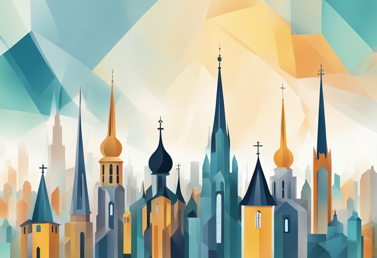 A modern city skyline with traditional church spires, surrounded by abstract shapes representing theological concepts