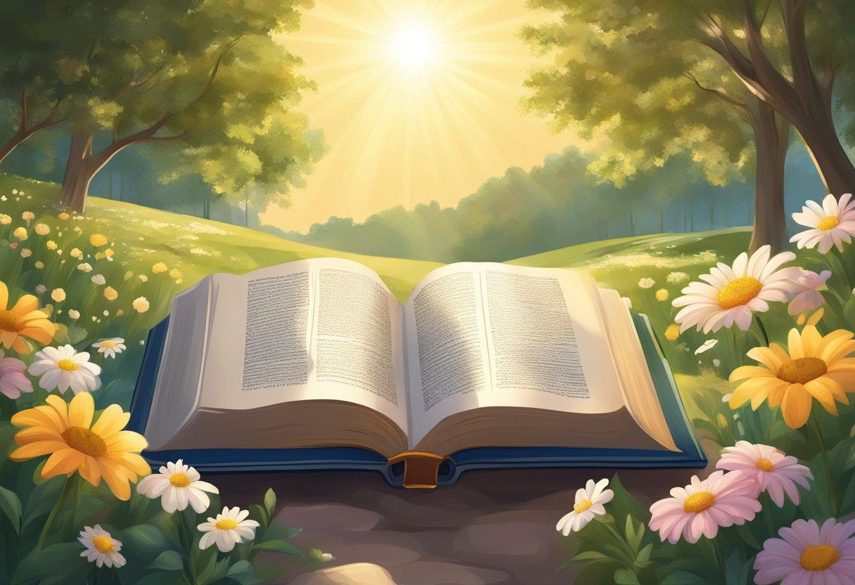 A radiant beam of light shining down on an open Bible, surrounded by blooming flowers and a tranquil landscape