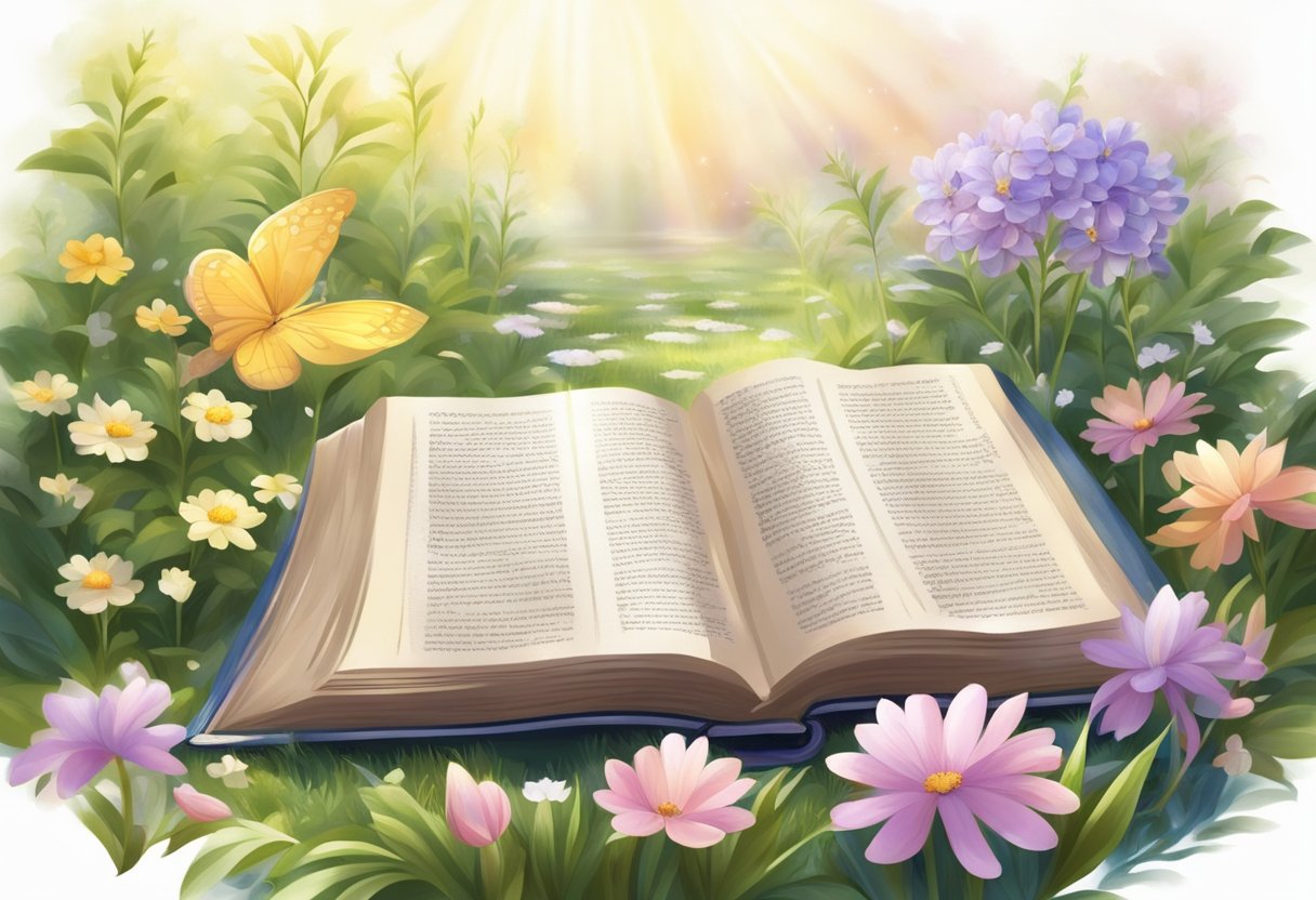 A serene garden with a beam of light shining on an open bible surrounded by blooming flowers and a peaceful atmosphere