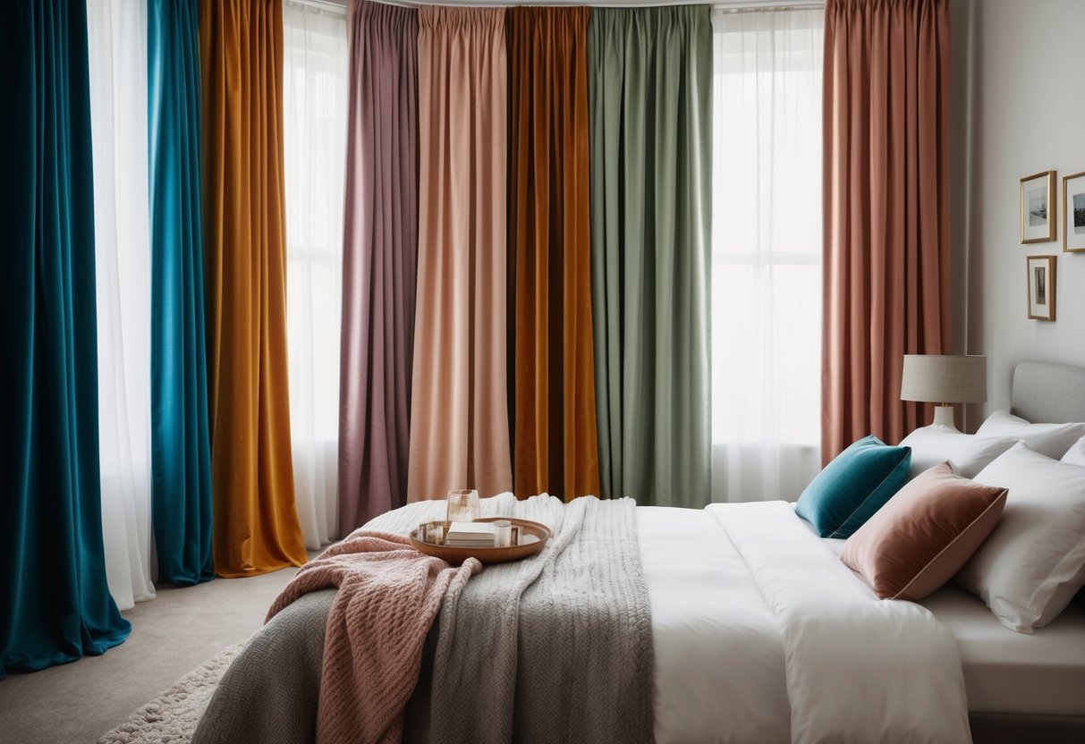 A bedroom with flowing curtains in various styles and colors, creating a cozy and inviting atmosphere