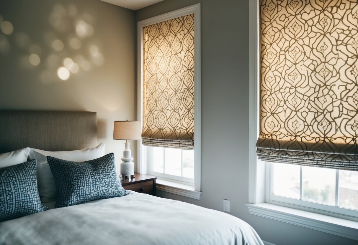 A bedroom with patterned Roman shades drawn, casting soft light across the room