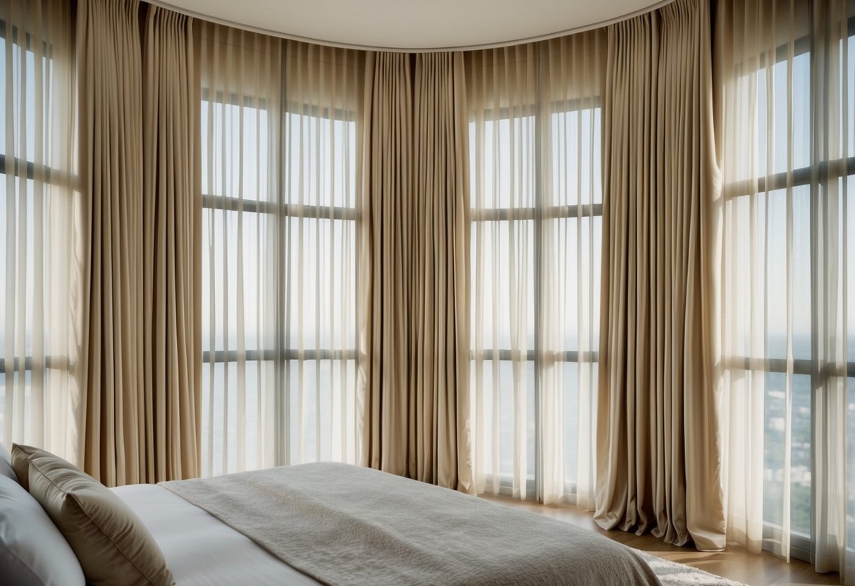 A luxurious bedroom with floor-to-ceiling windows adorned with pleated silk panels in a soft, neutral color, gently billowing in the breeze