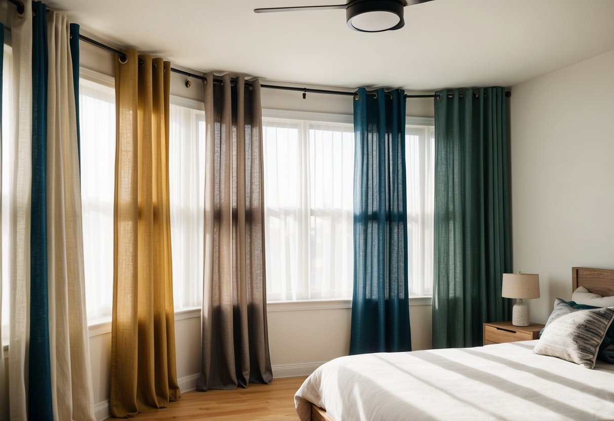 A sunlit bedroom with 16 grommet-top linen blend curtains in various colors and patterns, gently billowing in the breeze