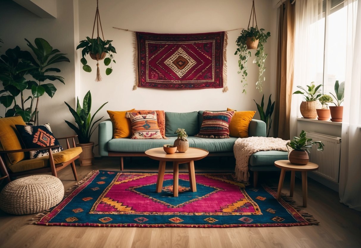 A cozy bohemian living room with colorful rugs, low seating, hanging plants, and eclectic decor. Warm lighting and natural elements create a relaxed, inviting atmosphere