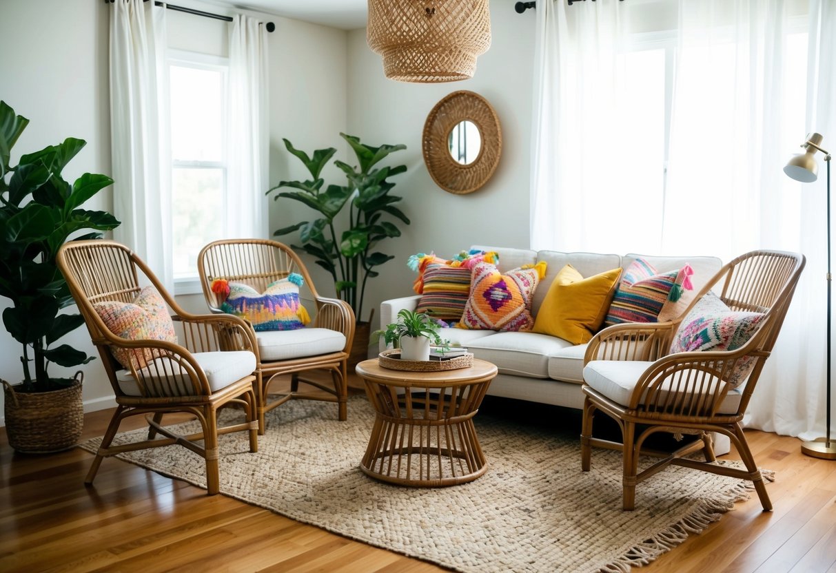 A cozy boho living room with rattan accent chairs, colorful throw pillows, and a woven rug. Plants and natural light add warmth to the space