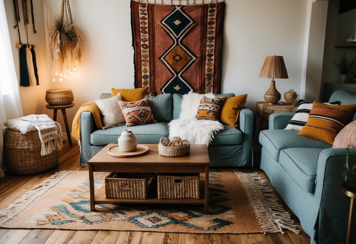 A cozy boho living room with vintage kilim rugs, layered textiles, and eclectic decor. Warm tones and natural materials create a relaxed, inviting atmosphere