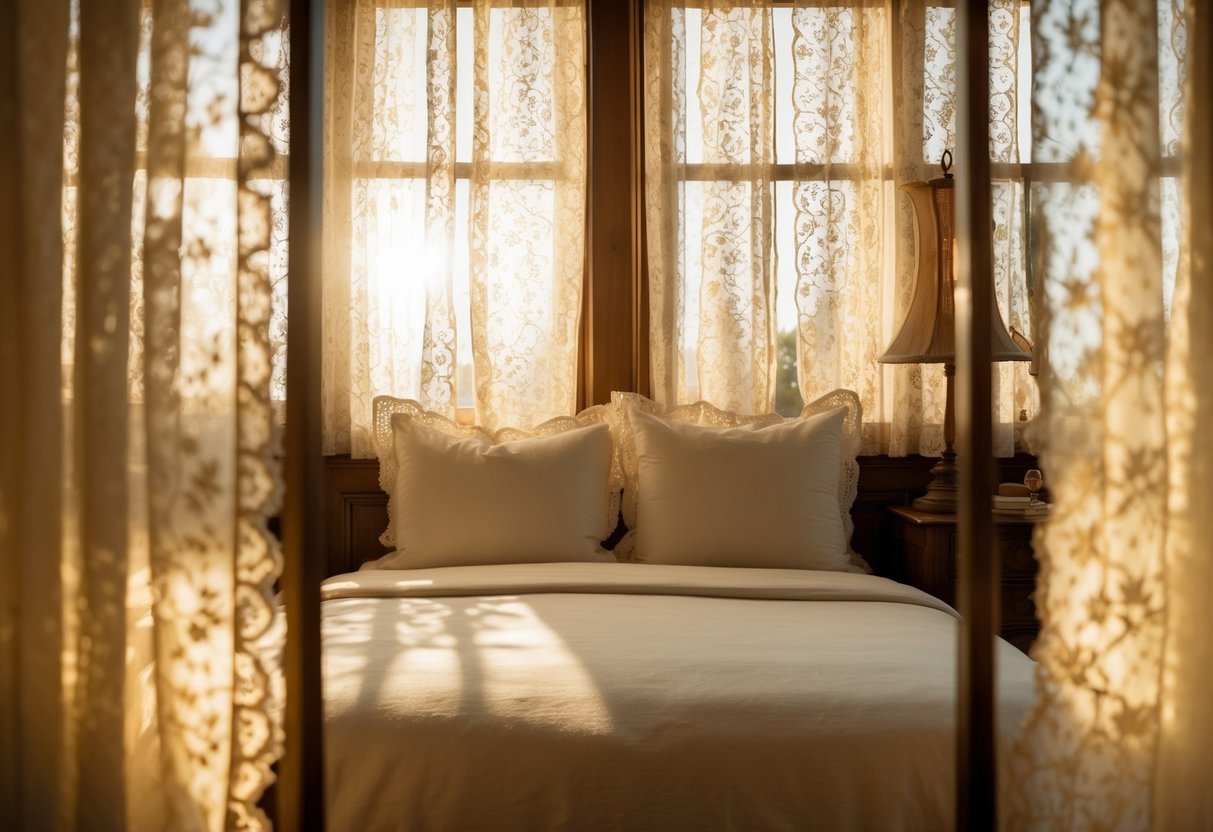 A cozy bedroom with sunlight filtering through antique lace panels, creating a warm and inviting atmosphere