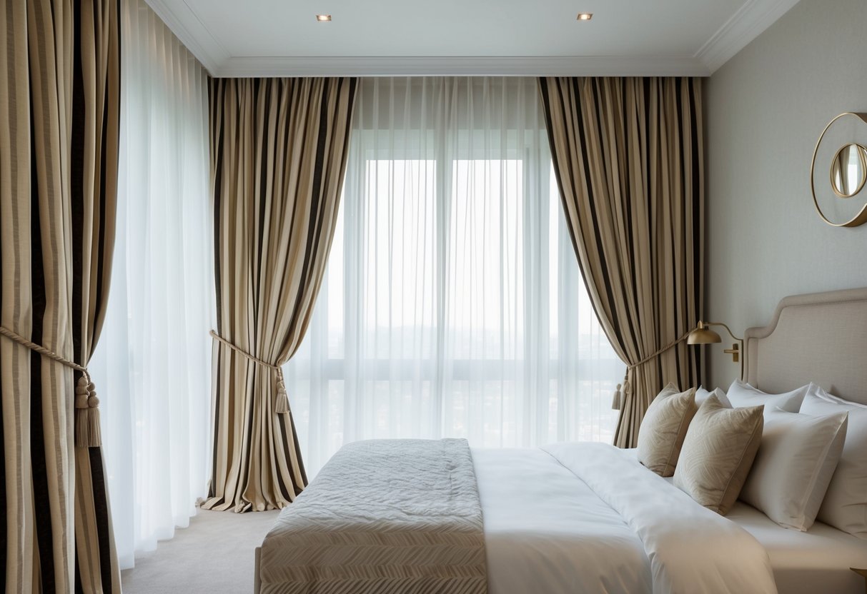 Elegant bedroom with floor-to-ceiling striped jacquard drapes, soft natural light filtering through, creating a cozy and stylish atmosphere