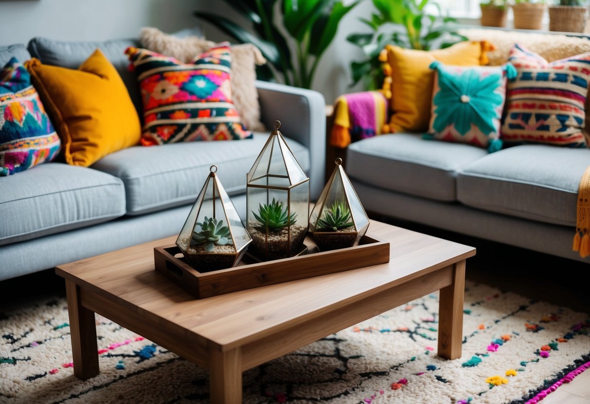 A cozy boho living room with terrarium centerpieces on a wooden coffee table, surrounded by colorful throw pillows and plants